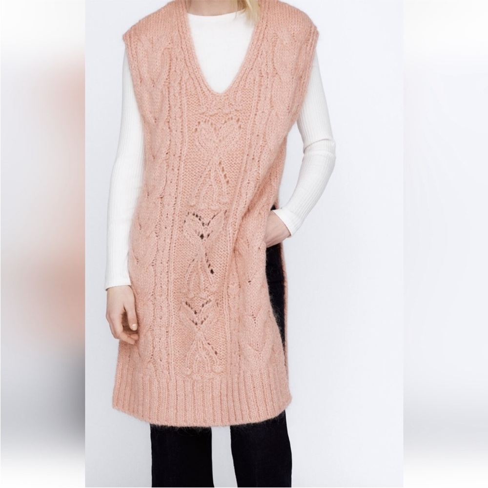 Zara Pink Fisherman Long Line Side Slit Oversized Sleeveless Sweater Vest Small